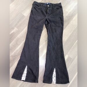 Hollister High Rise Flare Jeans Women's 31x31 Black Wash Slit Hem Y2K Stretch